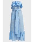Women Blue Cotton Off Shoulder Floral Embroidery Ruffle Dress Women