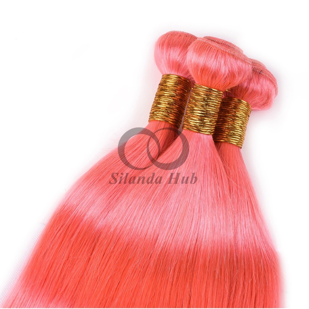 Pink Straight Remy Human Hair Bundles Sew In Weave Bundles Brazilian Bundle Deals