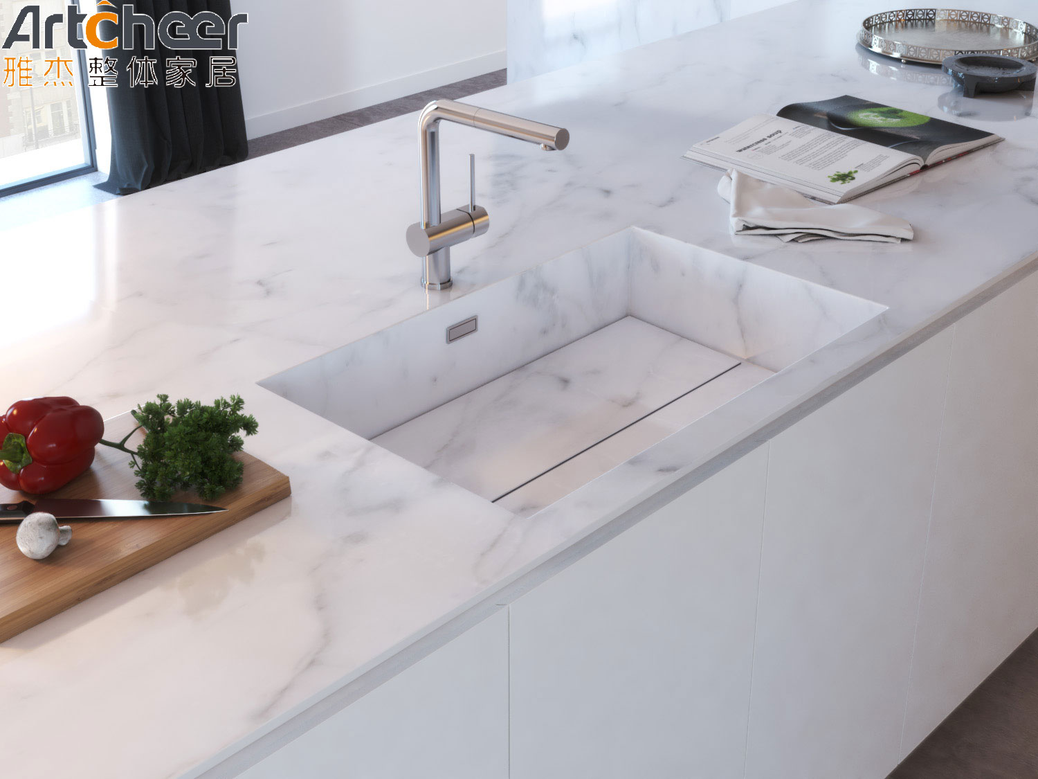 Beveled Glass Door White Kitchen Cabinet in Minimalist Design Style for Project Promotion