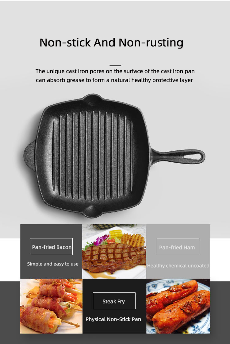 Kitchen Cooking Grill Steak Non Stick Cast Iron With Wooden Handle