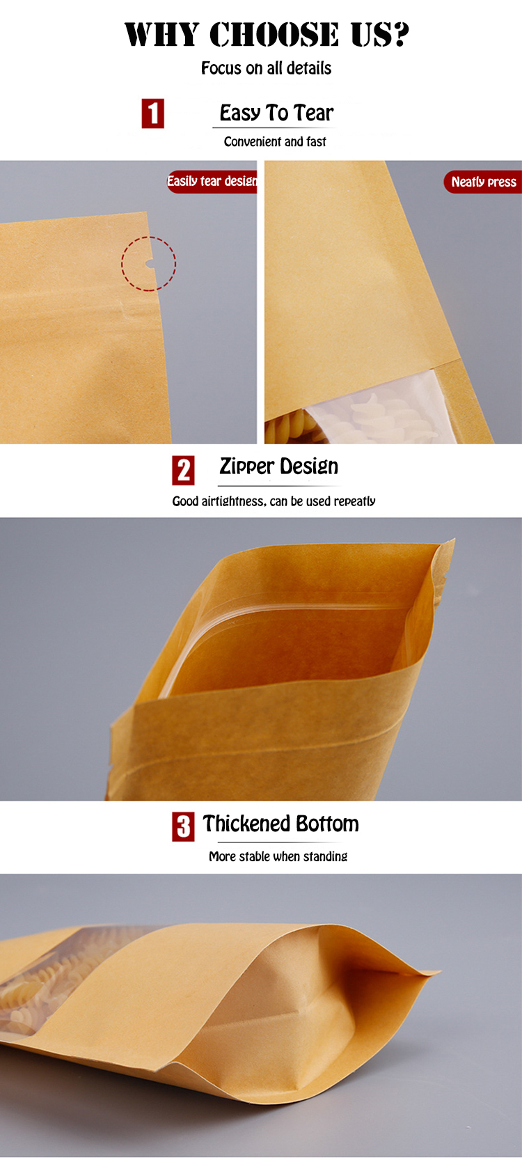 Kraft Stand Up Zipper Lock Paper Food Pouches Bag With Transparent Window