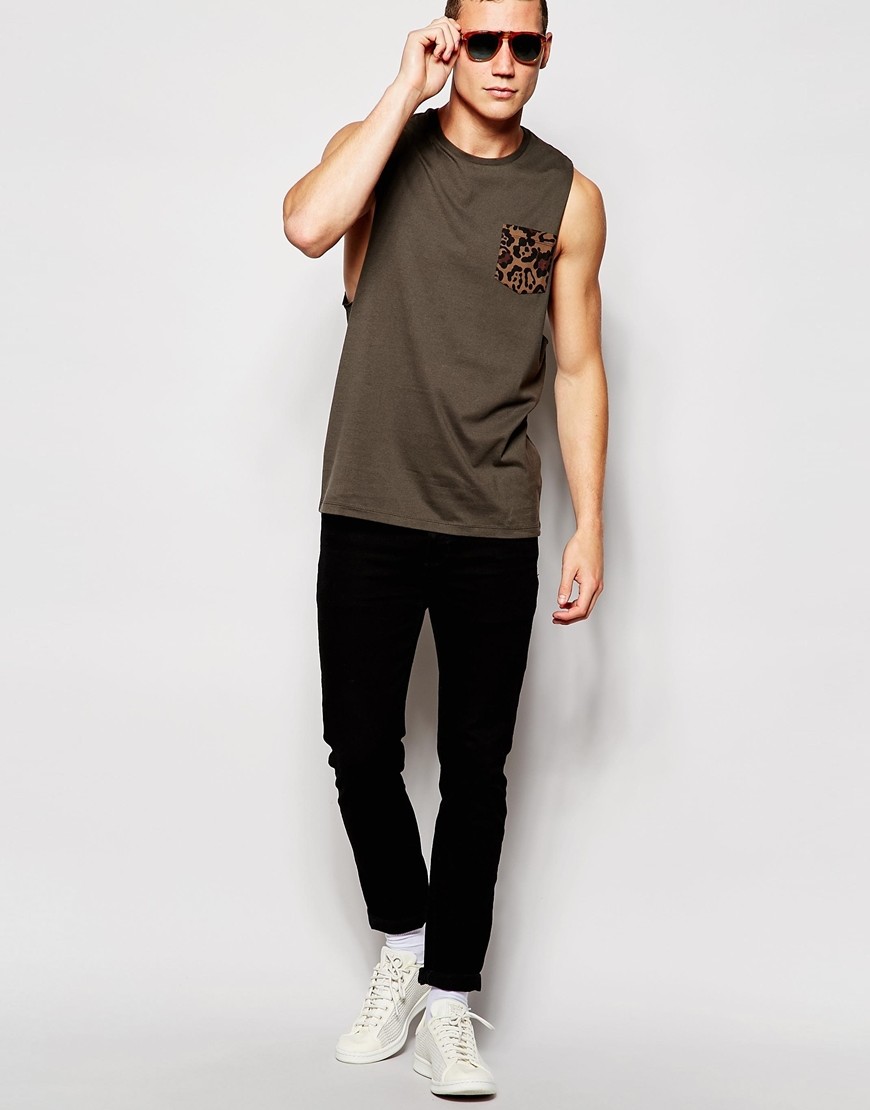 cotton vest with leopard pocket and relaxed skater fit training vest