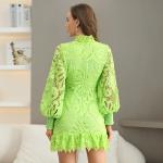 Cut Out Lace Dress Lantern Sleeve High Waist Solid Knee-length Trumpet Dress