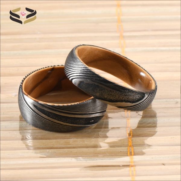 Etched Wedding Damascus Steel Rings Olive Wood Sleeve Inlayed 6mm 8mm For Christmas Gift