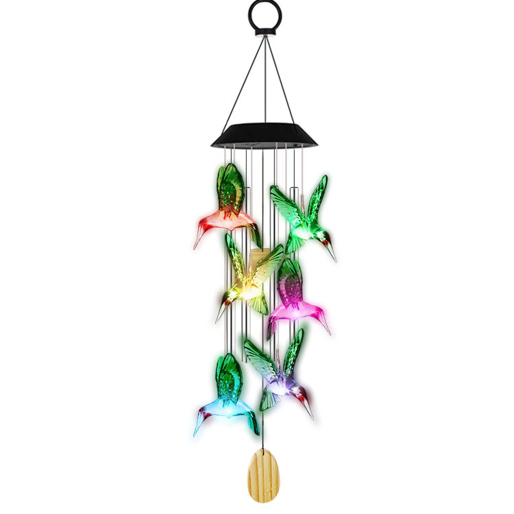 Waterproof Solar Power Wind Chime with Color Changing Hummingbird and Butterfly Design
