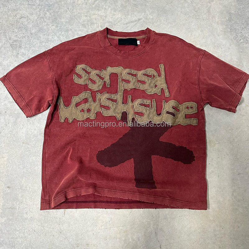 O-Neck Embroidered Patch Applique Stitched Tee Cotton Boxy Cropped T-Shirt for Men