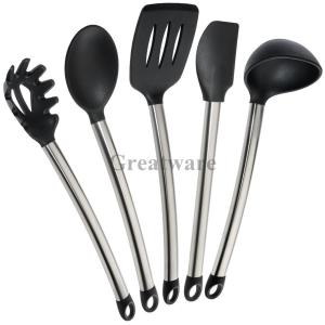 China 5 Pieces Silicone Kitchen Utensils with Stainless Steel Handle wholesale