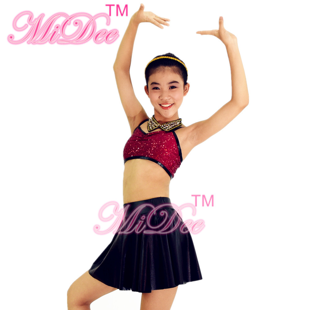 Sleeveless Jazz Tap Costumes Sequin Crop Top Sun Floral Brief Under Skirt