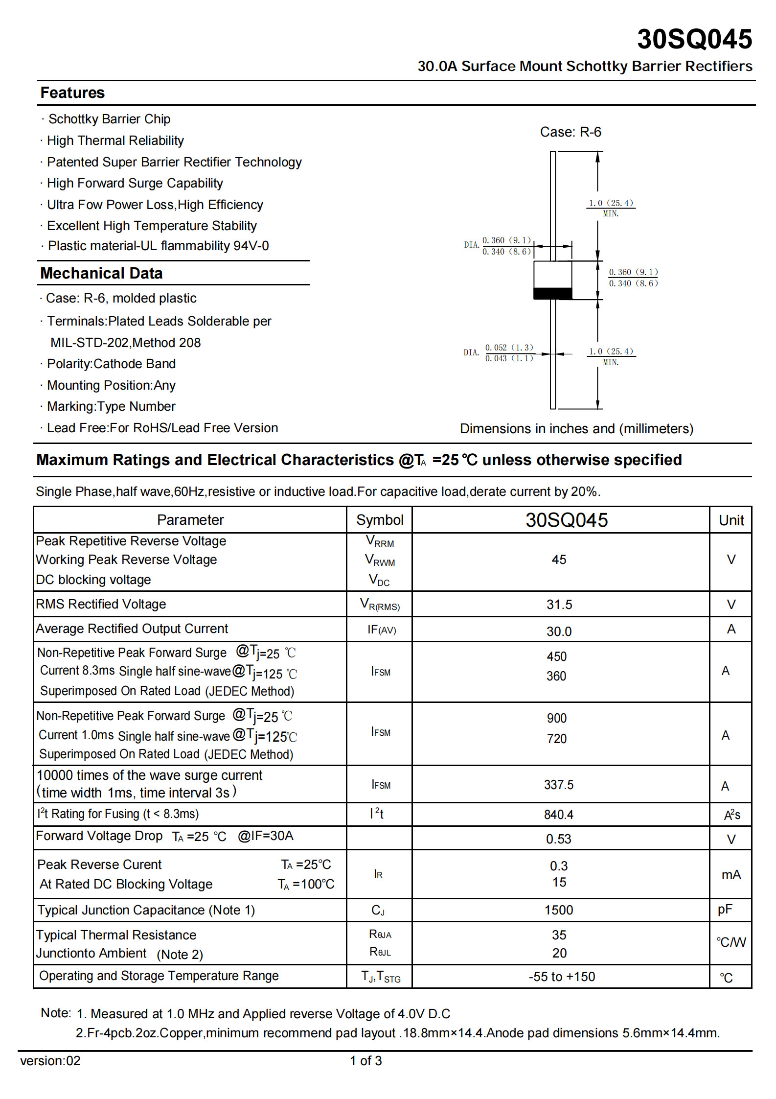 R6 High Power Schottky Diode Solar Diode 30SQ045