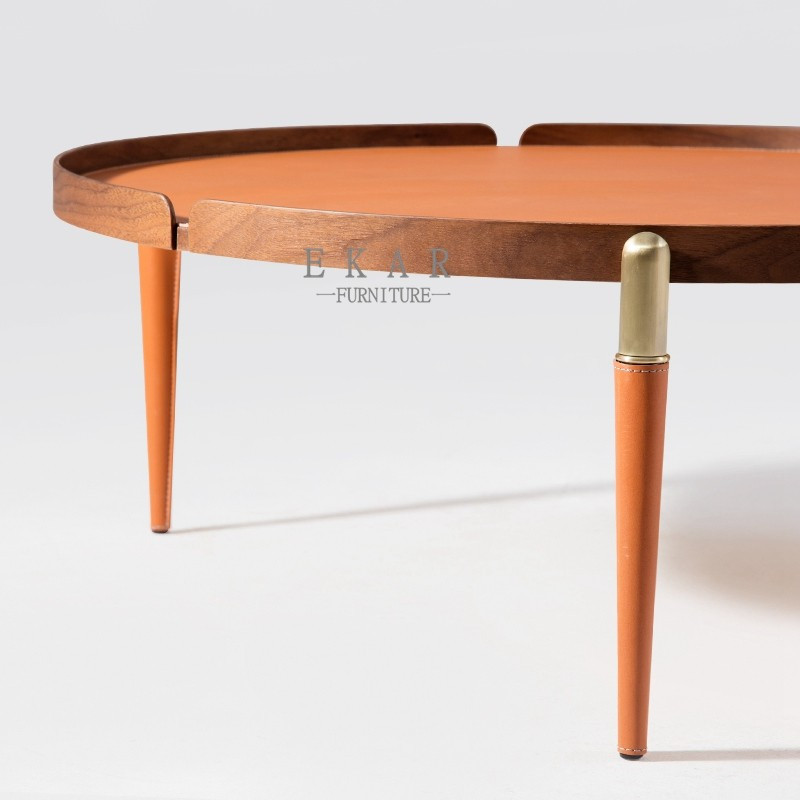 Round Metal Leg Italian Design Leather Modern Coffee Table