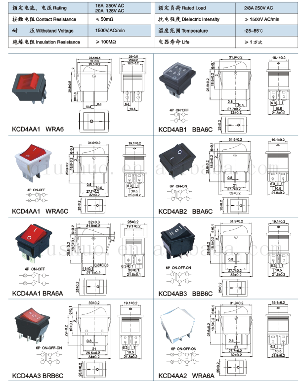 3 Way 3P Red Button T85 Oval Rocker Switch With Various Levers And Terminals