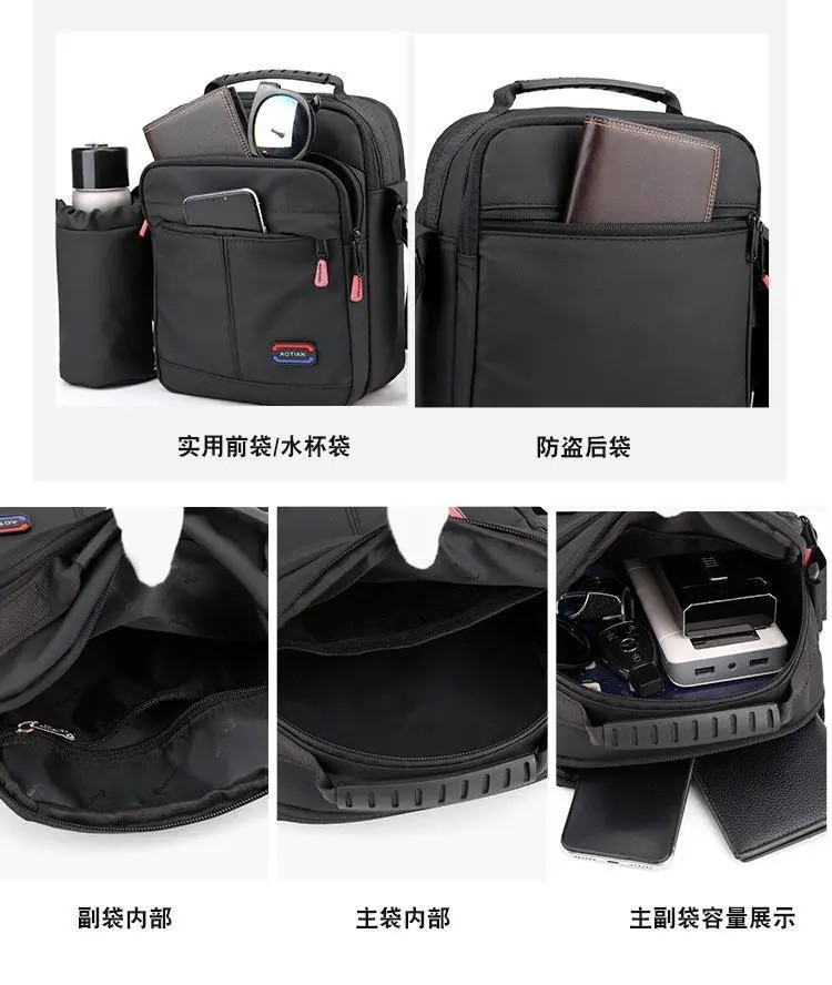 Custom Unisex Man Bag Messenger Men's Crossbody Shoulder Bag Black With Water Bottle Holder