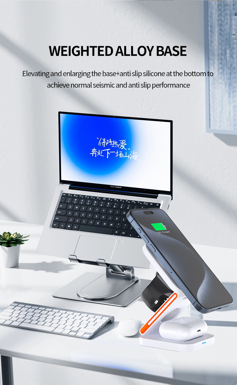 Mobile Phone Stand 3-in-1 Foldable Magnetic Wireless Charger with Over-Charging Protection and USB-Type C Input Port