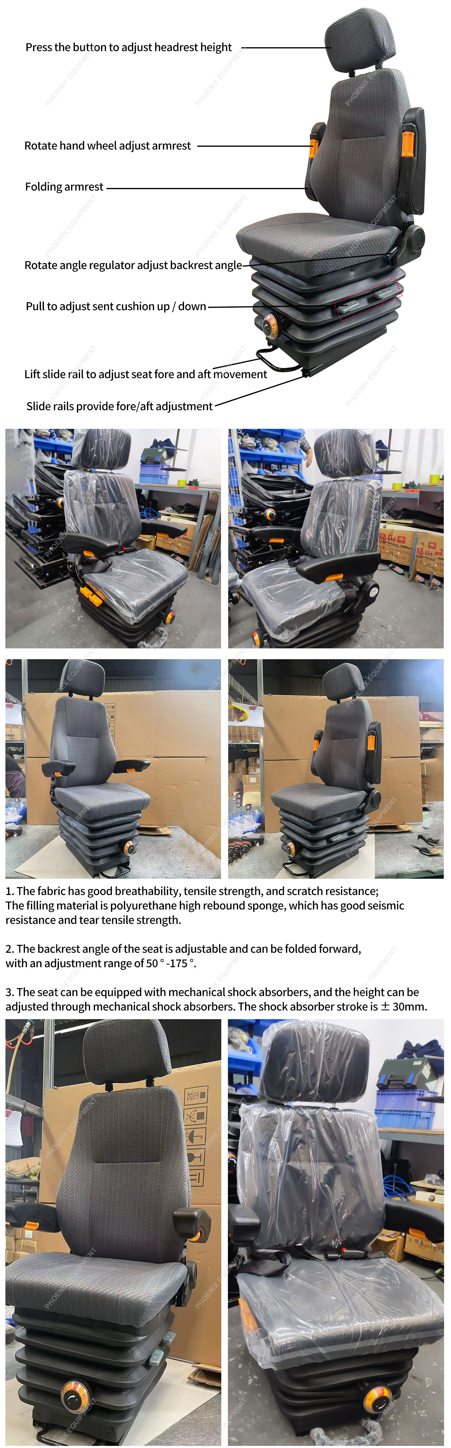 Universal Dual Armrest Adjustable Mechanical Shock Absorber Seats for Customized OEM