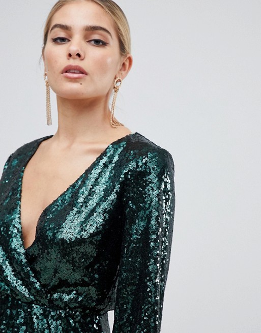 OEM sequin wrap front long sleeve green skater dress