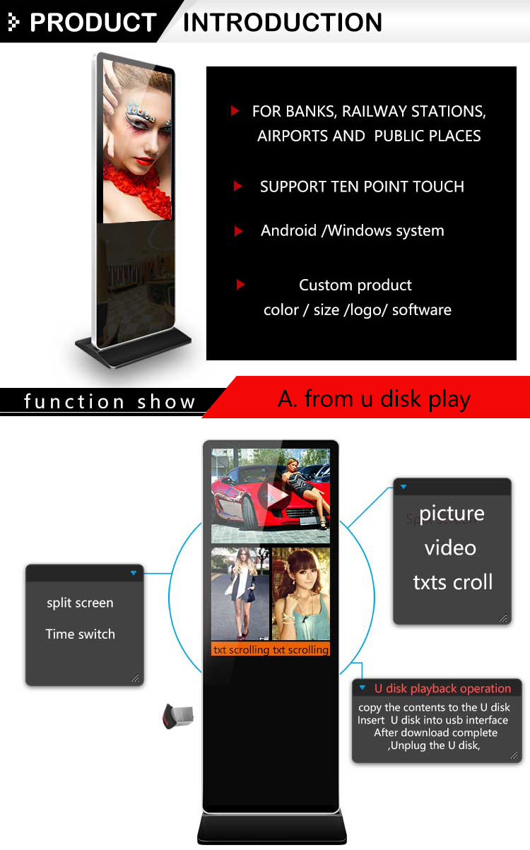 Touch Screen Floor Standing LCD Advertising Player 55" Standalone Digital Signage