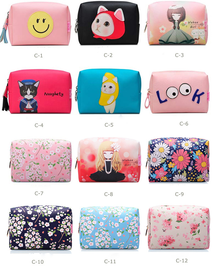 Cartoon Pattern Promotional Toiletry Bag Leather Material With Custom Design