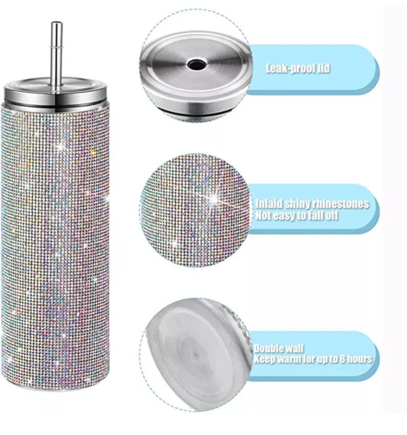 Personalized 20 Oz Plastic Water Bottle Bling Rhinestone Tumbler Water Bottle With Handle And Straw Screw Lids Double Wall Insulation