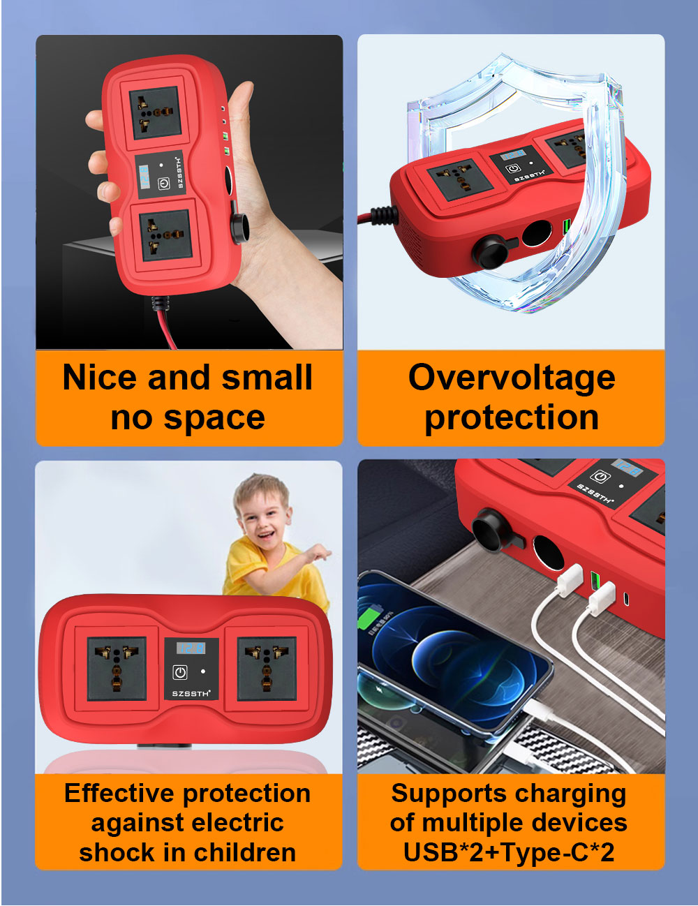 Customized Support SZSSTH Universal Socket Portable 12V 220V 2 AC Outlets 2USB 200W GaN PD Fast Charger Car Power Inverter