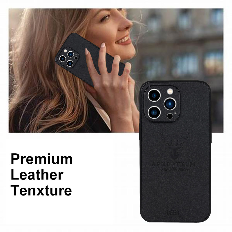 100% Test Luxury Deer Pattern Leather TPU Mobile Phone Case for iPhone 15 Pro Max 14 Pro Camera Lens Protection Orange