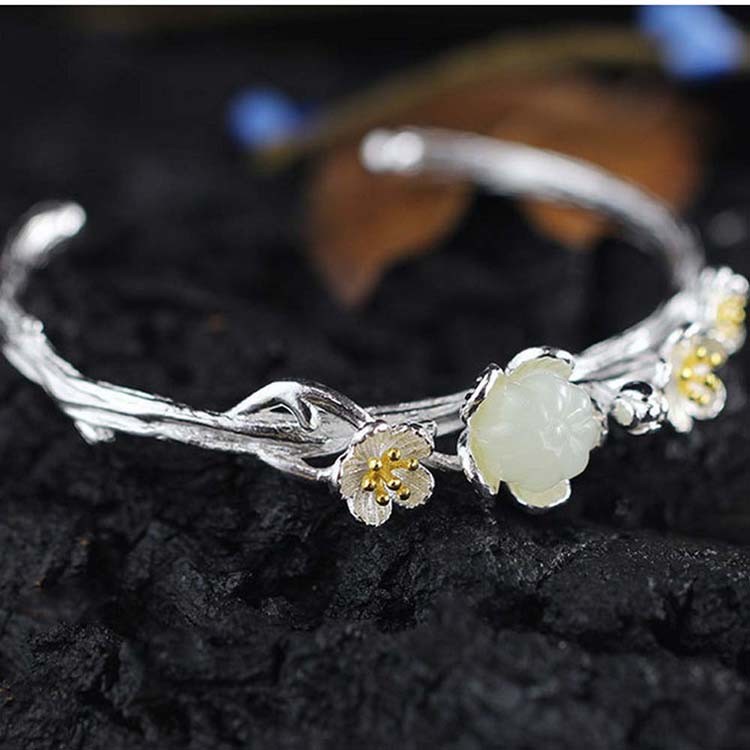 Sterling Silver Natural Jade Culptured Flower Gold Plated Women Bracelet(049924)