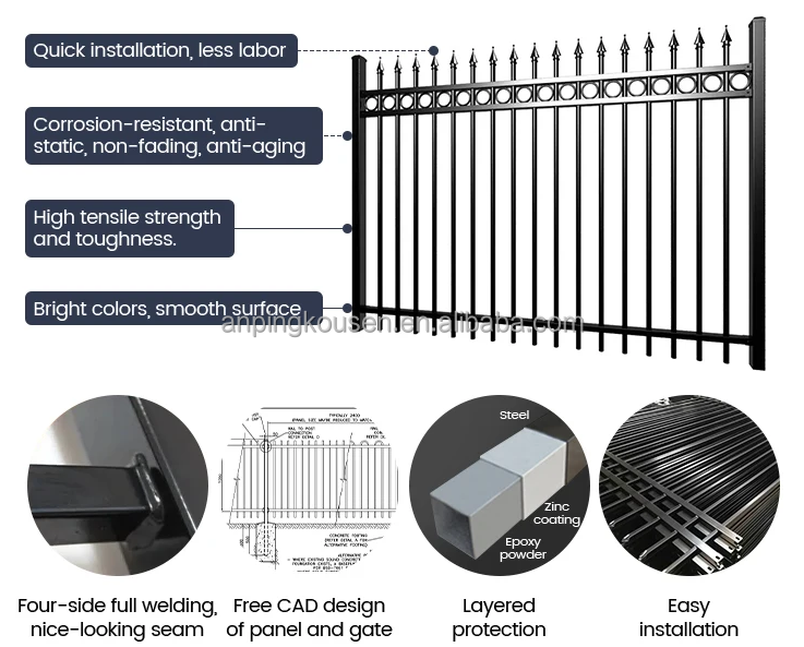 3m Black Aluminum Hot Dipped Galvanized Powder Coated Garden Steel Fence Panels With Post