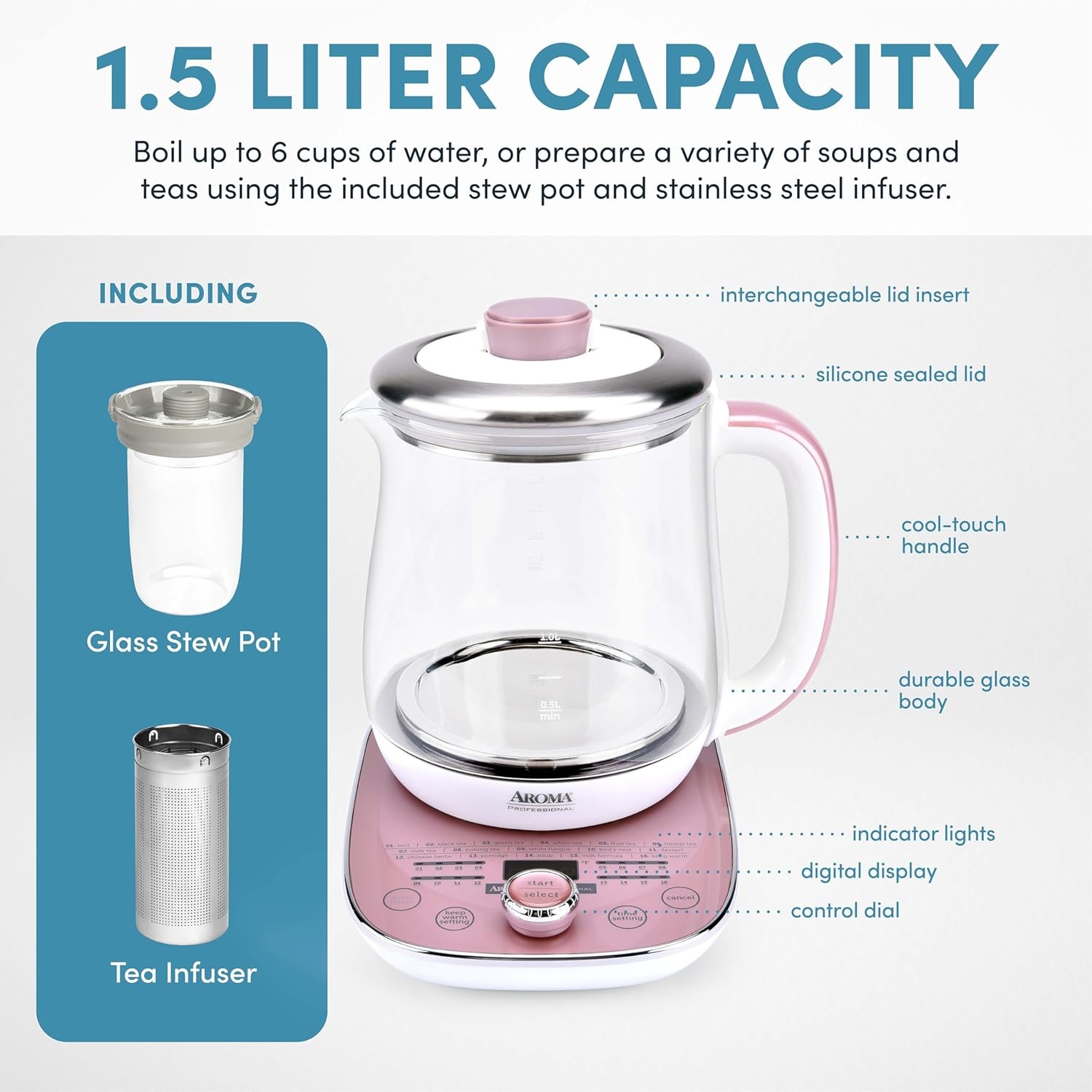 1.5L 1500W Glass Water Kettle Clear Tea Kettle With Infuser LED Base