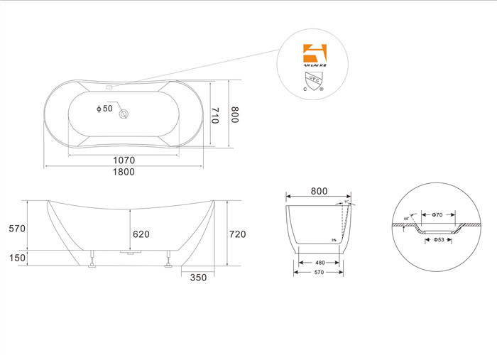 PMMA Portable Freestanding Oval Tub , White Plated Freestanding Soaker Tubs