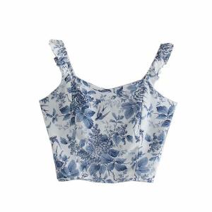 China S-5XL Vintage Women Sleeveless Tank Tops Cotton Poplin Floral Crop Top wholesale