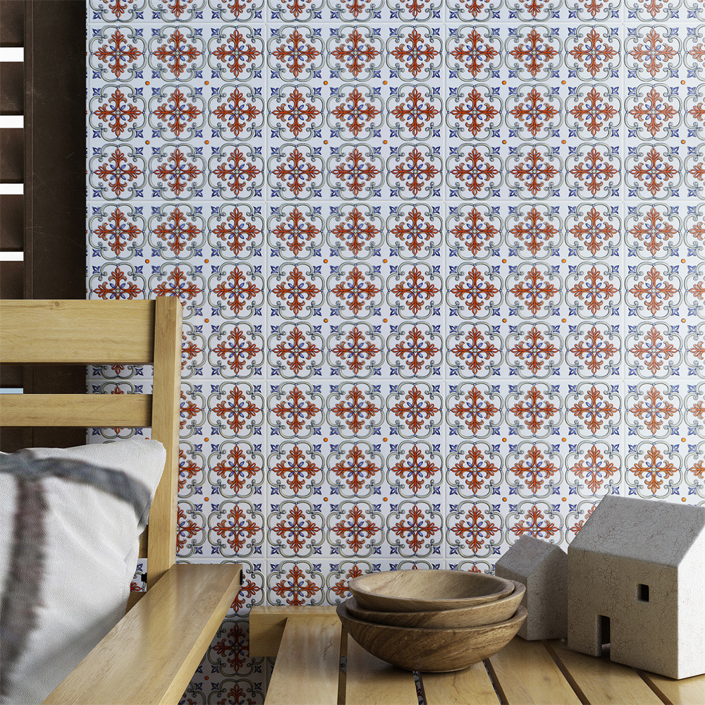Encaustic White And Red Wall Floret Ceramic Rustic Tiles 200x200mm For Kitchen And Dining Room