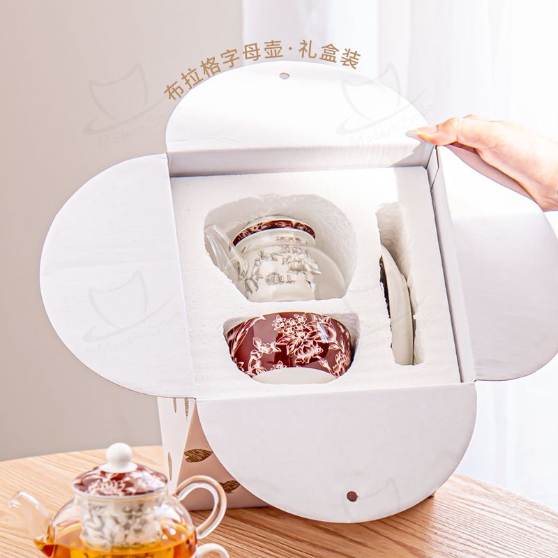Flower Design Stackable Glass Teapot Cup And Saucer Infuser Set For Mother'S Day