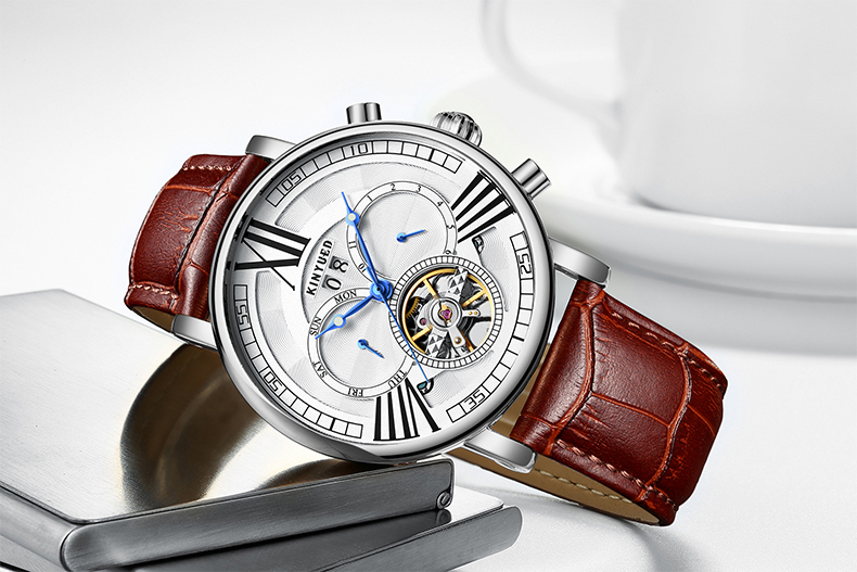 Brown Genuine Leather Luxury White Dial Automatic Movement Mens Waterproof Automatic Mechanical Watch