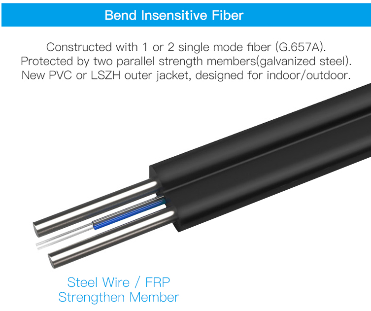 Single Mode FTTH Drop Cable Galvanized Steel Wire 1 2 4 Core G652 G652d G657a G657a2