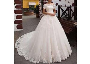 China Zipper Back Long Tail Wedding Gowns Off White Color Off Shoulder Short Sleeve Lace wholesale