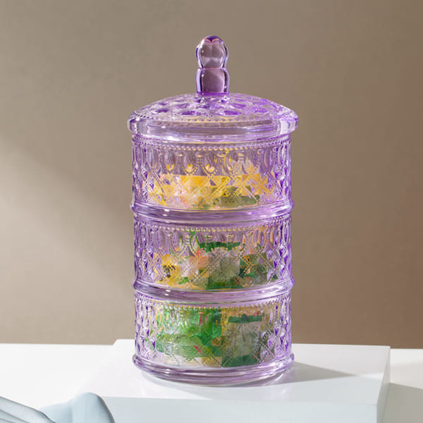 Purple Stacking Clear Glass Storage Jar 10 Inch Height Three Tier Glass Candy