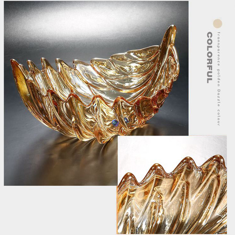FDA SGS Vintage Amber Luxury Glass Fruit Bowl Leaf Shaped European Style
