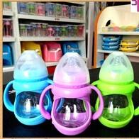 China 150ml glass baby bottle with handle and cover on sale