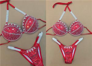 China Flexible NPC Bikini Competition Suits Red Color Decorated With Spakle Rhiestones wholesale