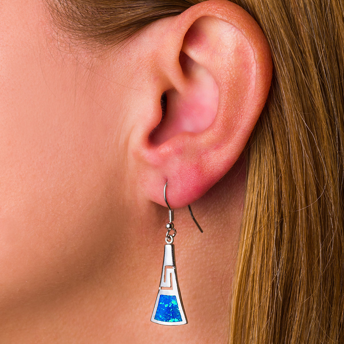 925 With Sterling Silver Blue Retro Opal Greek Meander Key Earrings 925 With Sterling Silver