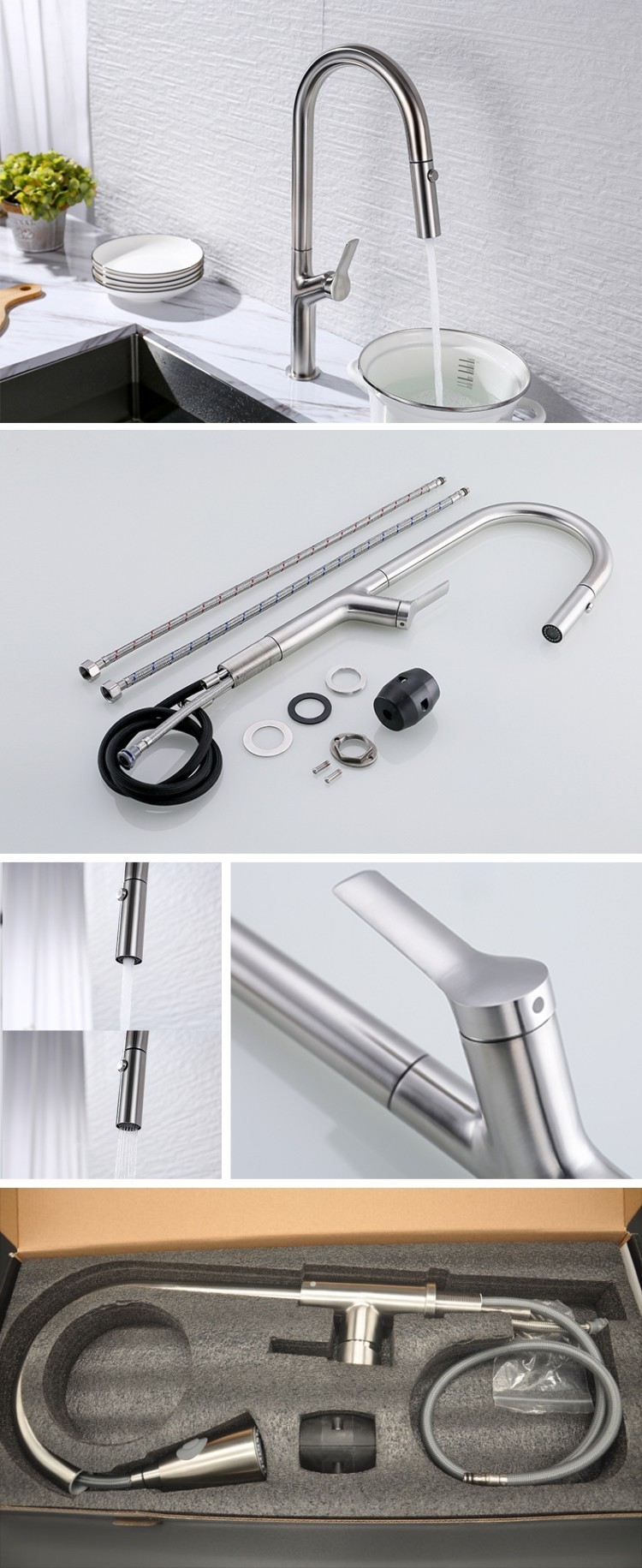 Pull Down Stainless Steel Kitchen Faucet Brushed Spray Hot Cold