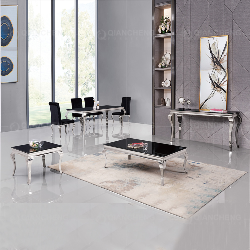 Modern Restaurant SS Steel Furniture Glass Louis 6 Chair Dining Table Set
