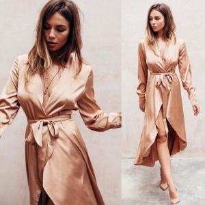 China Fall Women Clothing Sexy Deep V Neck Satin Wrap Dress wholesale