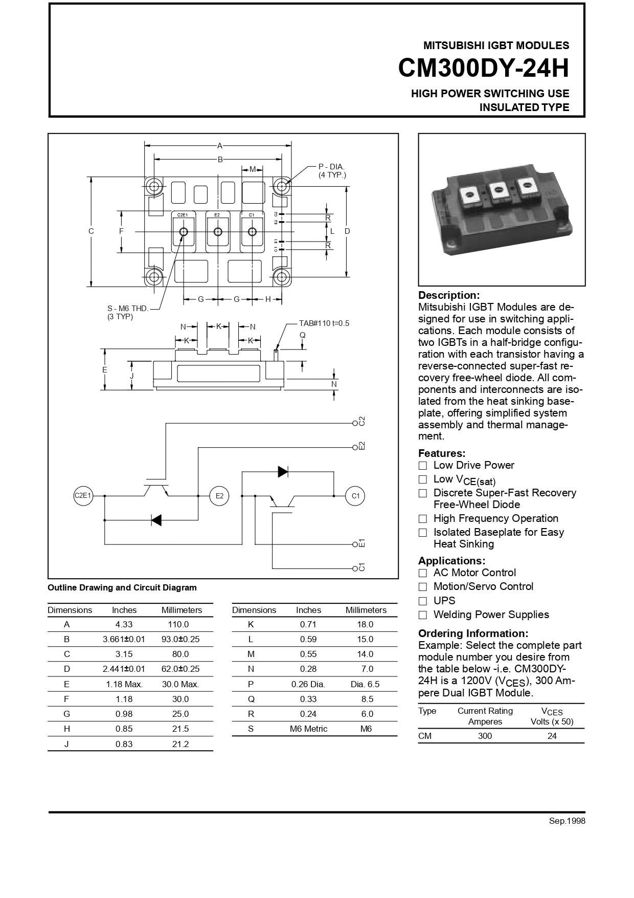 MITSUBISHI CM300DY-24H IGBT Module 1200V 300A 2100W