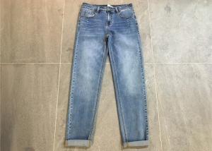 China Light Wash Straight Leg Ladies Denim Jeans With Hem Rolled Cotton Strench Denim wholesale