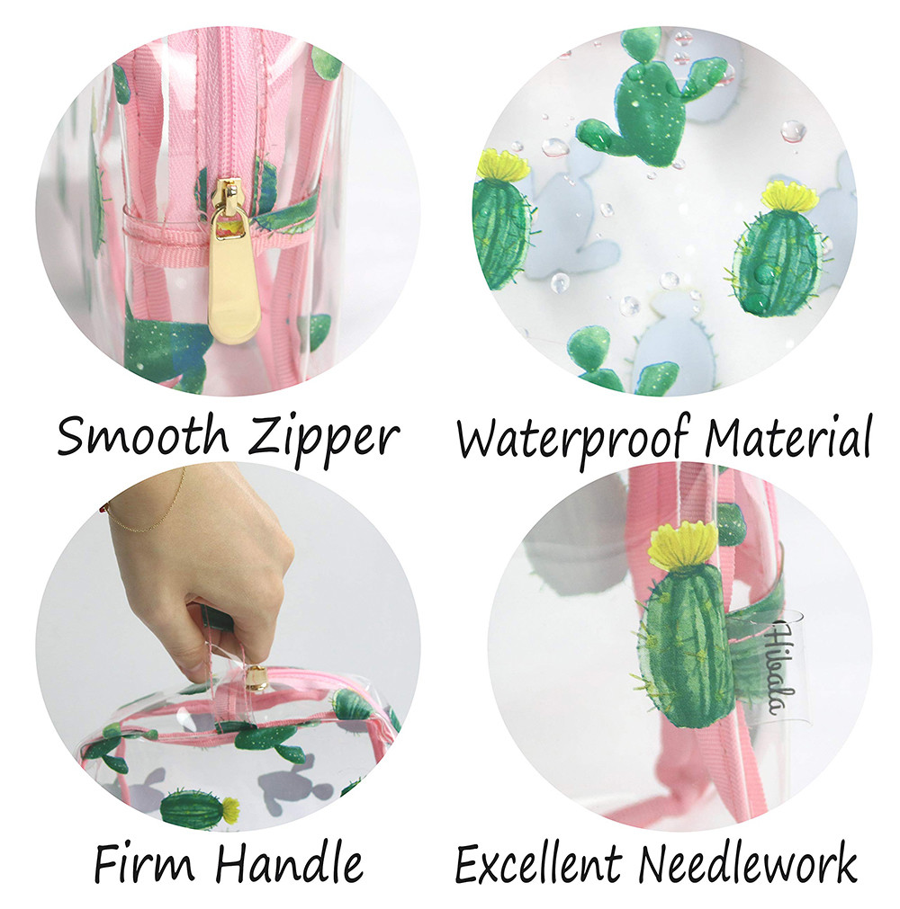 2pcs Zippered Cactus Print PVC Ladies Toiletry Bag