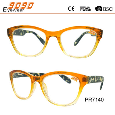 Hot sale style of reading glasses with plastic frame ,printe the patterns