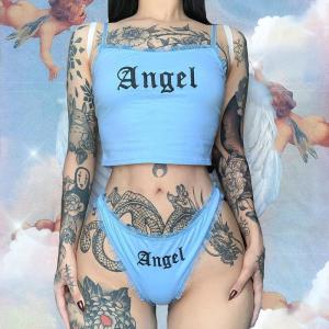China Two Piece Sexy Girls Angel Underwear Set Black Letter Printing wholesale