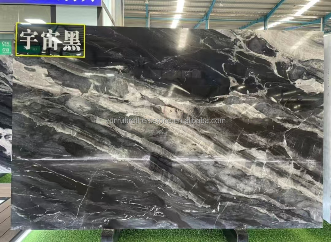 Calcite Marble Modern Staircase Design with Luxury Brazilian Cosmic Black Granite Slab