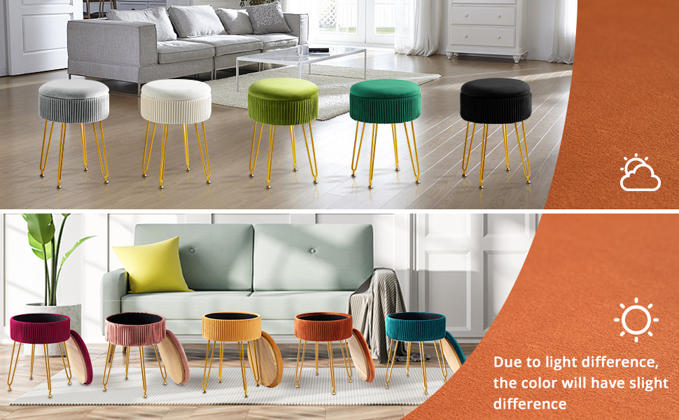 Custom Logo Velvet Storage Ottoman Footstool with Metal Legs and Round Footrest Stool