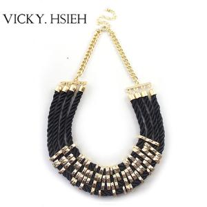 China VICKY.HSIEH Gold Tone 4 Layer Rope Metal Link Black Choker Necklace wholesale